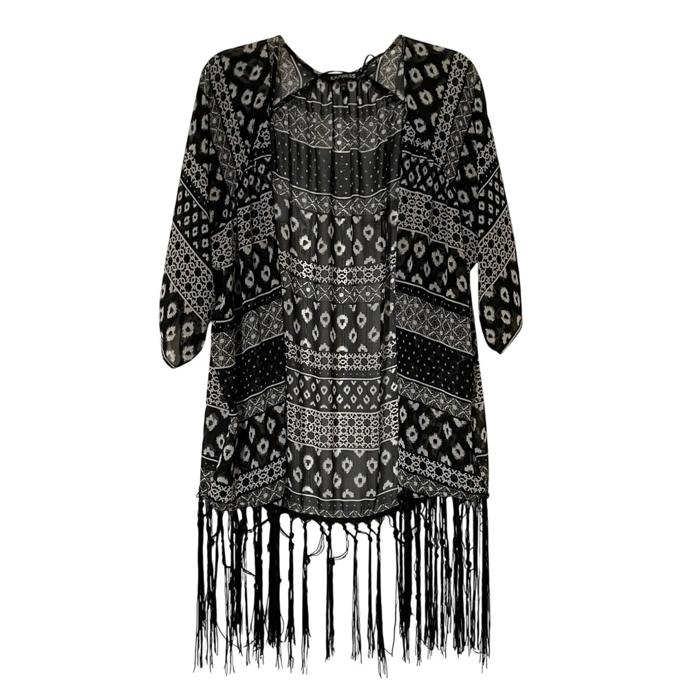 Express Boho Fringe Kimono‎ XS Black & White Tribal Print Lightweight 29" Length